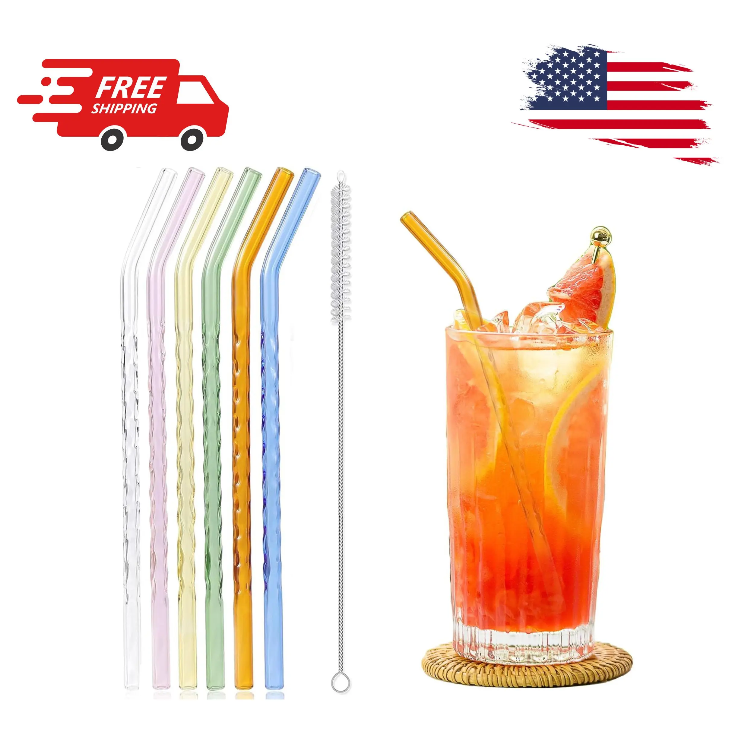 6-Pack Reusable Glass Straws Set, Clear Glass Drinking Straw, Cute Colorful 8''x8MM