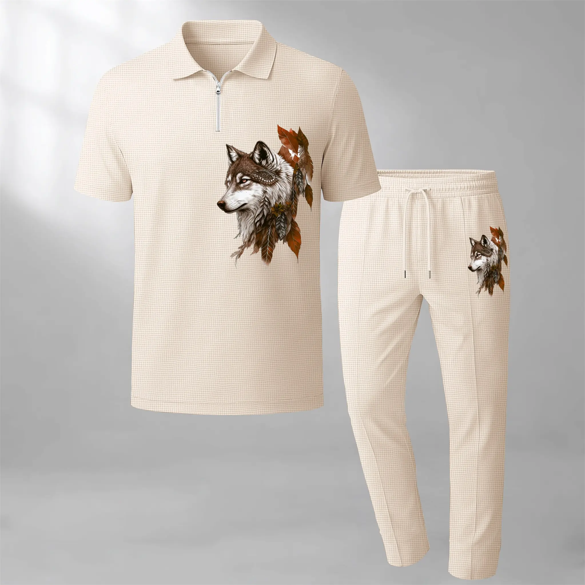 Men's Wolf Print Zip-Up Collar Short-Sleeve Polo Shirt and Pants Two-Piece Set, made with waffle knit fabric, breathable and comfortable, soft texture, and a relaxed fit, suitable for everyday casual wear.