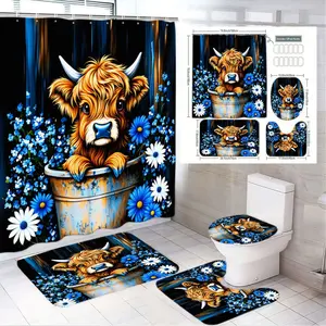 1/4pcs Whimsical Highland Cow Bathroom Set - Shower Curtain Sets with Blue Bucket Flowers, Matching Toilet Lid Cover, Rectangular & Oval Bath Mats, Rustic Charm for Spring Easter Home Decor - Festive Cow & Floral Themed Bathroom Decoration Accessories