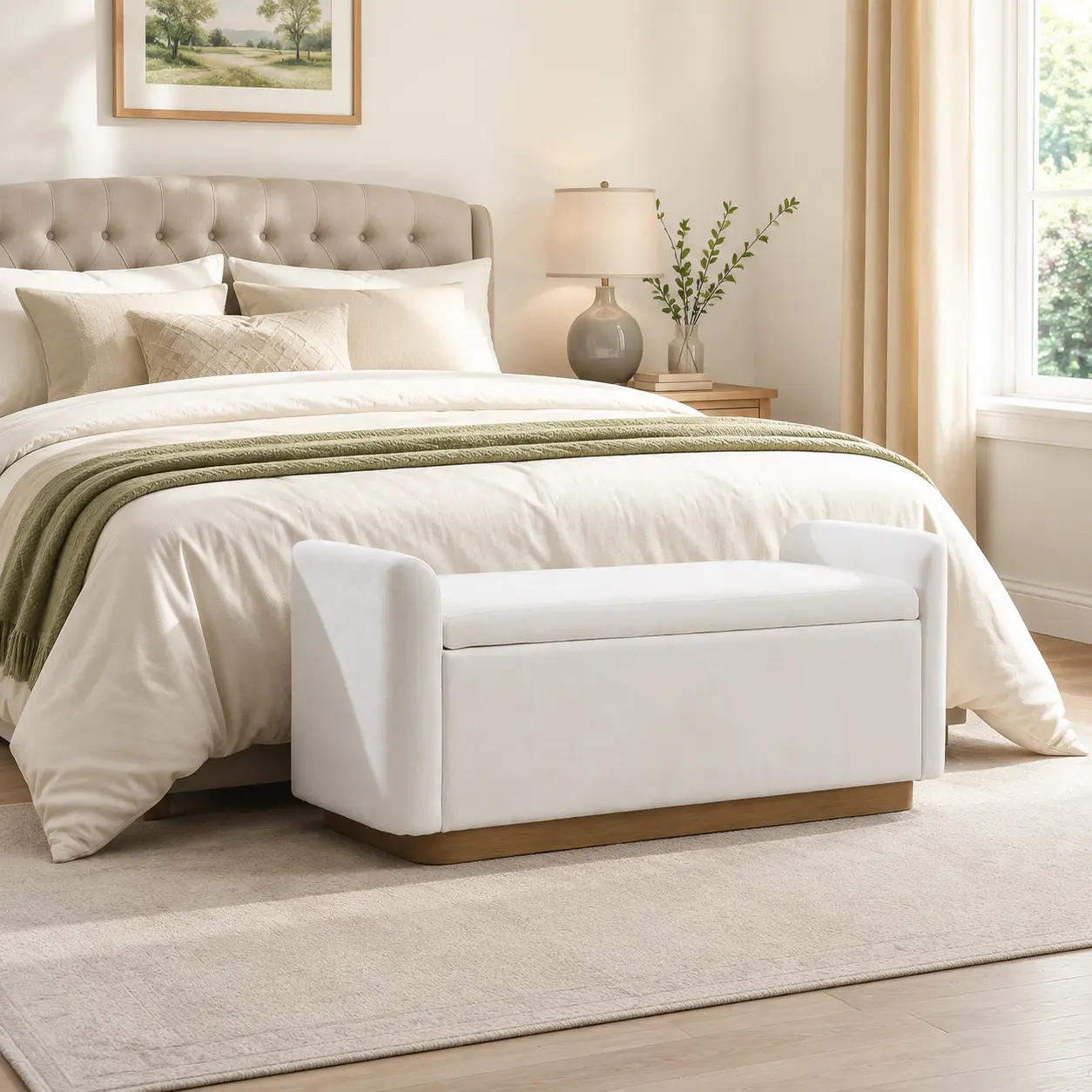 littleox 49" Bench with Storage, Storage Ottoman Bench with Safety Hinge, Gold Metal Base with wood frame, Upholstered Entryway Bench for Bedroom, Living Room, Hold up to 350 lb, Beige