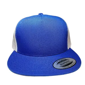 Blank Blue/White Yupoong Flat Bill Mesh Adjustable Snapback Trucker Hat Cap