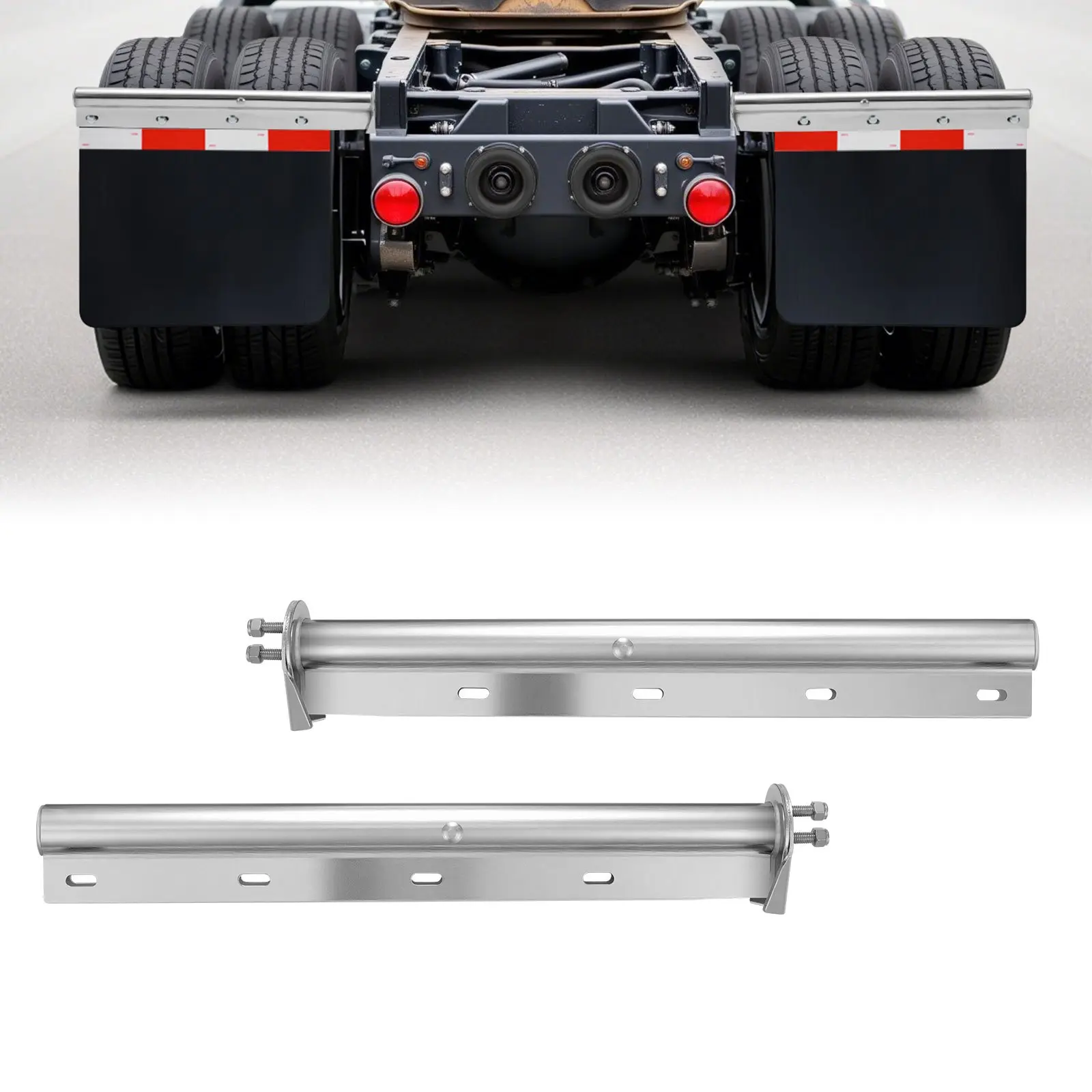 【DealsForYouDays】VEVOR Chrome Straight Spring Loaded Mud Flap Hangers, 1-1/8" Bolt Spacing Mudflap Hangers for Semi Trucks, 1 Pair Heavy Duty Semi Truck Mud Flap Hanger Set with Reflective Strips, Silver Parts Tires