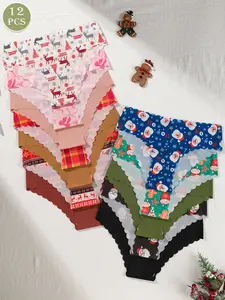 12-pack ladies' panties with wave edges, Christmas-themed and solid colors, lively and fun for women's holiday and everyday underwear, suitable for daily wear and all seasons.