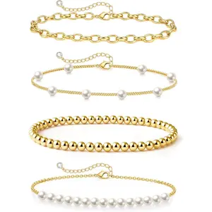 Gold Pearl Beaded Bracelet for Women, 14K Gold Plated Jewelry Set With Paperclip Link Chain, Trendy Stack Bracelets