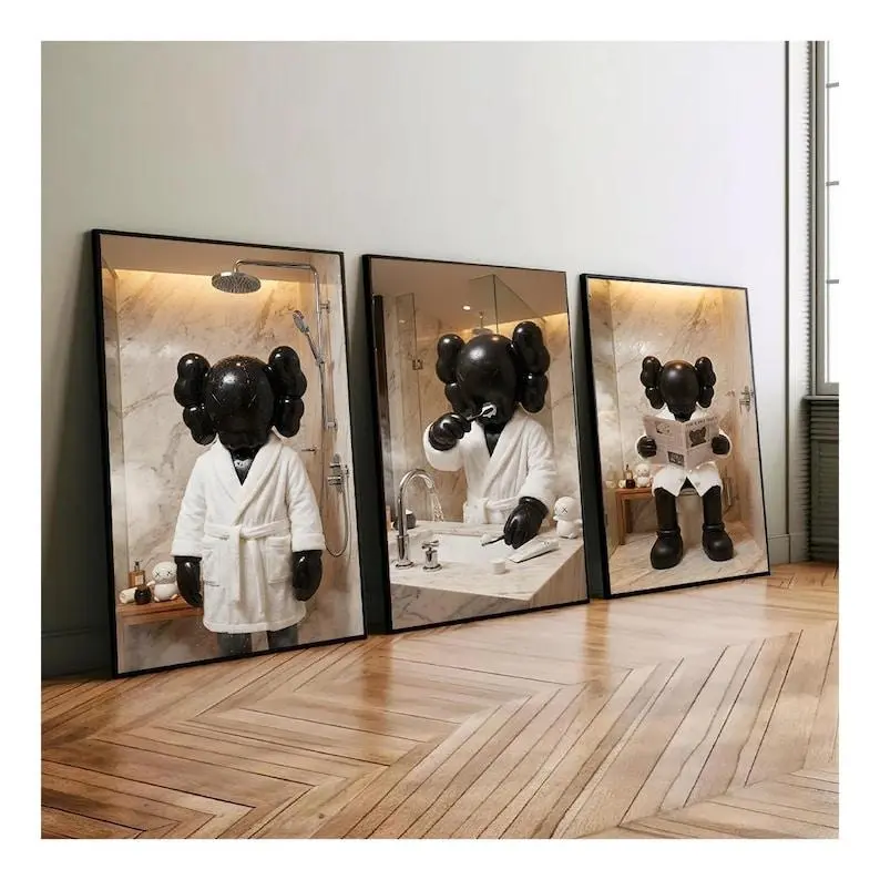 KAWS Bathroom Wall Art Set of 3 Poster Print Unframed,Black Shower Poster,Hypebeast Washroom Decor,Modern KAWS Prints,Luxury Bathroom Wall Decor