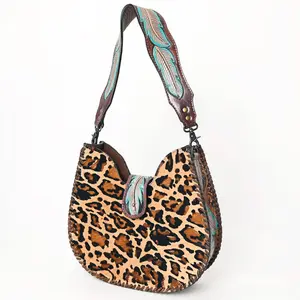 ADBG1075 Leopard Print Cowhide Hobo Bag with Tooled Feather Strap-Western Leather Shoulder Purse