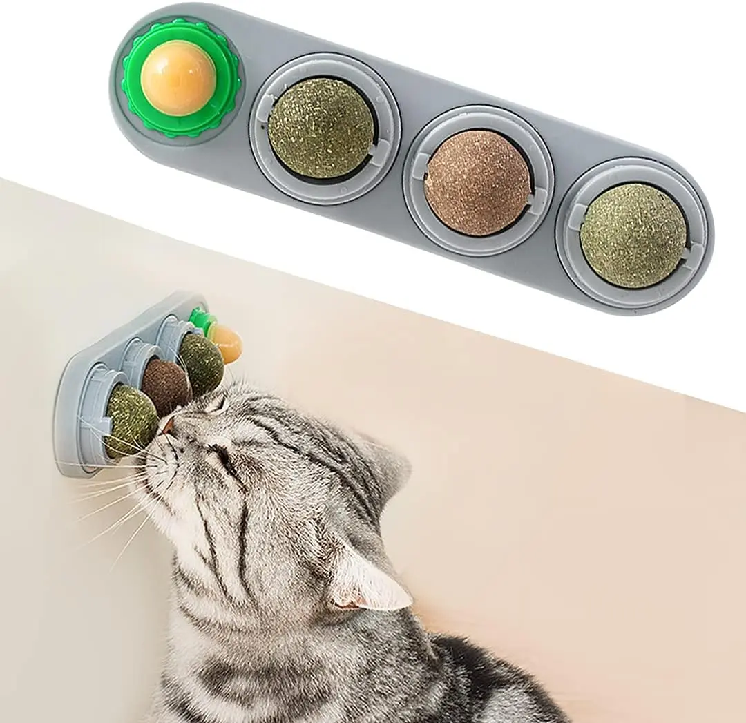 4 Natural Herb Edible Cat Chew Balls - Silvervine & Gall Fruit, Teeth Cleaning Dental Wall Treats, Concentrated Flavor, Healthy Digestion, Breath Freshening, Kitten Energy Booster for All Cat Breeds