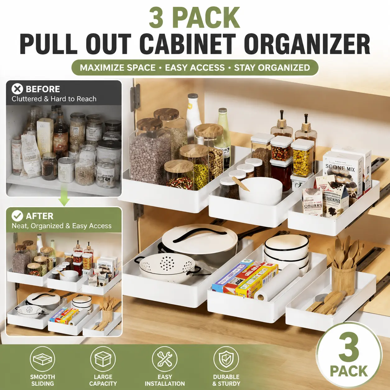 3-Pack Metal Pull Out Cabinet Drawer Organizer, Smooth-Sliding Household Storage Bins for Kitchen Pantry, Easy-Installation Space-Saving Solution, Three Sizes