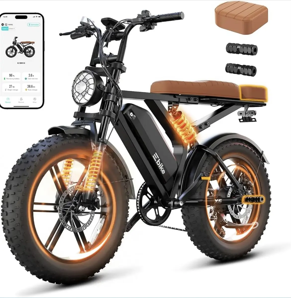 Electric Bike for Adults,20"x4" Fat Tires Retro Ebike, 28MPH, Range 65 Miles Peak 2000W Motor,48V Removable Battery, 7-Speed, APP Control, Full Suspension E Bike