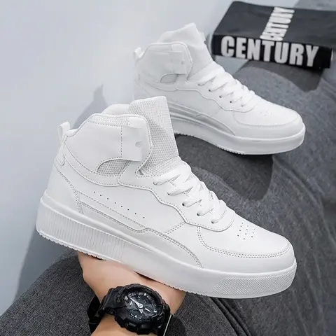 Men's High Top Lace-Up Skate Shoes - PU Leather & Faux Leather Soled Casual Performance Trainers, Round Toe, EVA Sole, Mesh Inner, Breathable Above-Ankle, Durable Slip-Resistant All Seasons Footwear