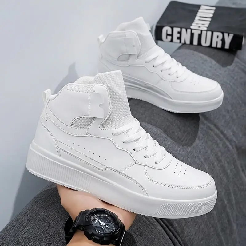 Men's High Top Lace-Up Skate Shoes - PU Leather & Faux Leather Soled Casual Performance Trainers, Round Toe, EVA Sole, Mesh Inner, Breathable Above-Ankle, Durable Slip-Resistant All Seasons Footwear