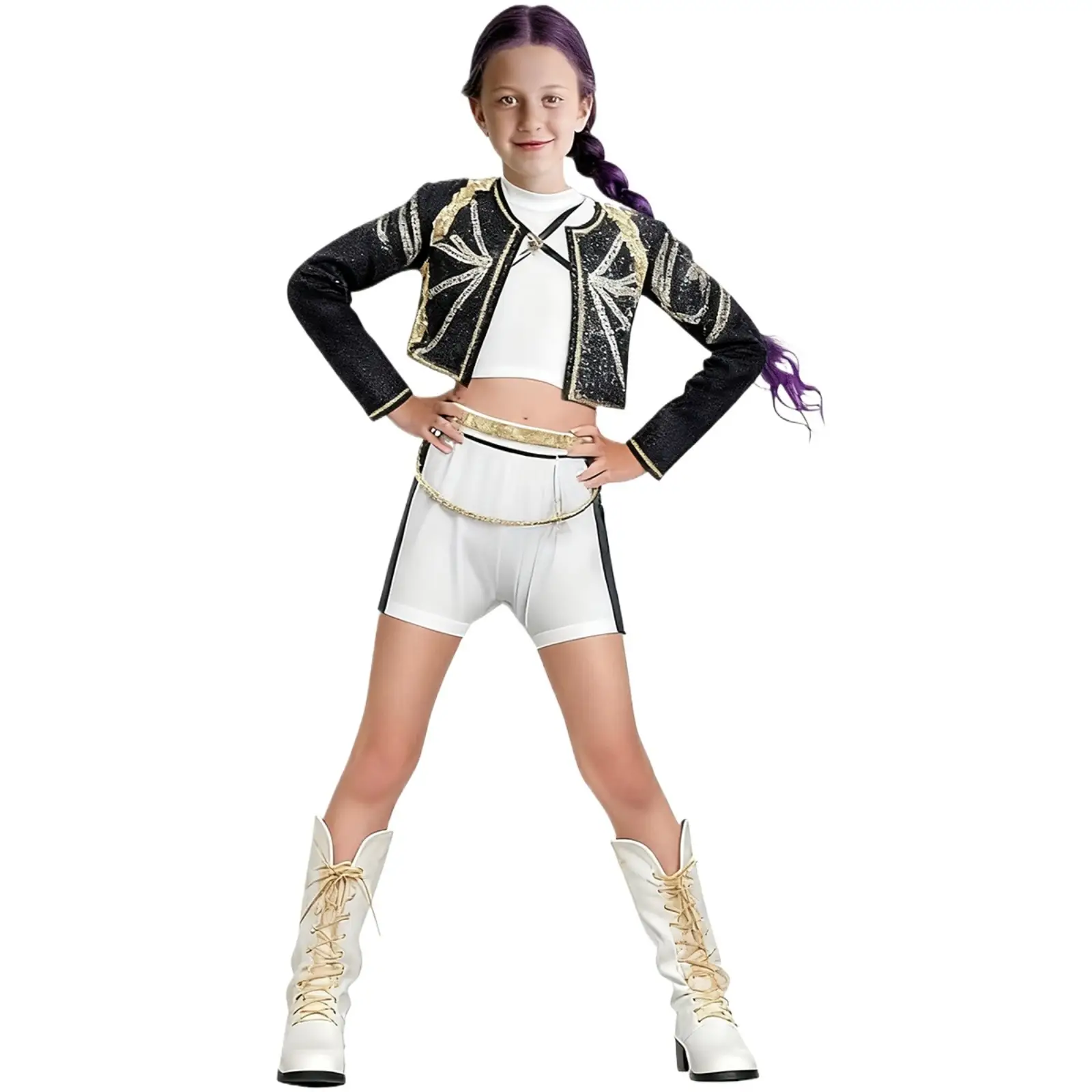 Kpop Demon Hunters Costume for Kids | Halloween K-pop Dance Outfit with Embroidery & Gold Chain Print | Demon Hunter Cosplay Performance Top & Shorts