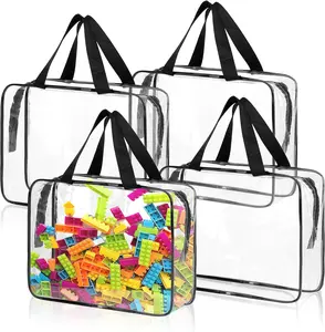 4 Pack Toy Storage Bags, Clear PVC Waterproof Zipper Organizer Bags with Labels, Large Reusable Toy Storage Containers for Puzzles, Building Blocks, Board Games, Stationery and Kids Books, Black Durable Storage Bags