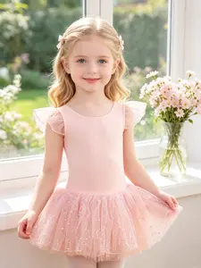 Toddler Girls Flutter Ruffle Sleeve Ballet Leotard Dress Sparkle Sequin Dot Tulle Tutu Skirt Soft Stretch Gymnastics Dancewear for Ballet Class Recital Birthday Party