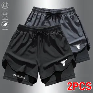 2PCS new spring/summer two-layer 2-in-1 quick-dry printed shorts with built-in lining—an ideal choice for marathons and workouts.