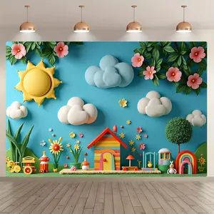 Flower House Pattern Backdrop, 1 Count Cartoon Sun & Cloud Pattern Wall Decor, Wall Hanging Banner for Birthday Party Decoration, Party Supplies, Ornaments