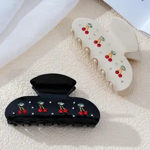 AWAYTR 2 Pack Cherry Hair Claw Clips for Women 3.35" Nonslip Acrylic Cute Claw Clips with Rhinestone Pattern in Red Cherry Shape Hairclips
