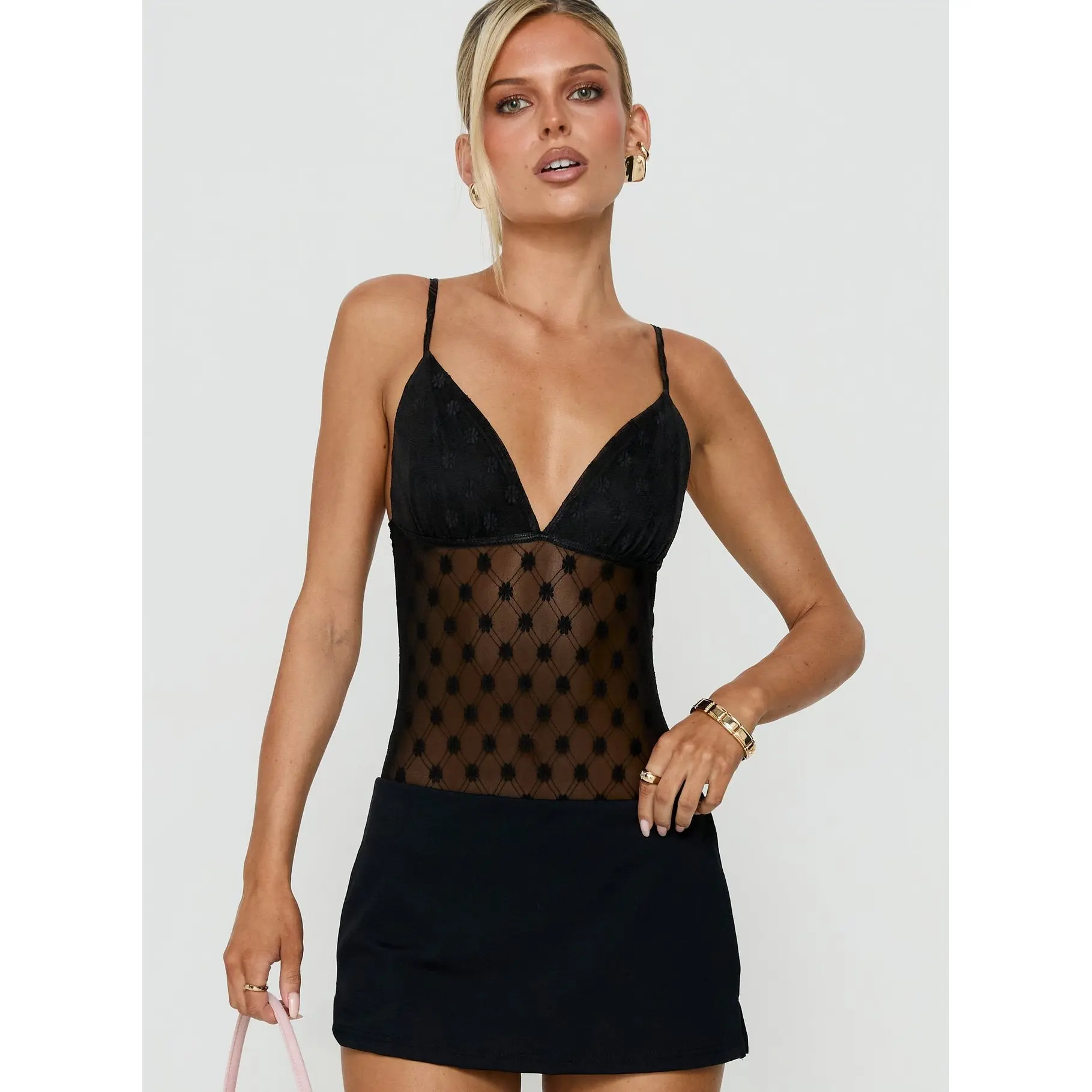 Marlyne Sheer Lace Plunge Neck Bodysuit Black
