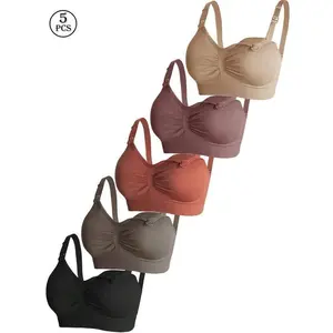 5Pcs Maternity & Nursing Bra Set, Nylon, Front Clasp, Wireless, Comfortable, Gently Push Up & Seamless Bra