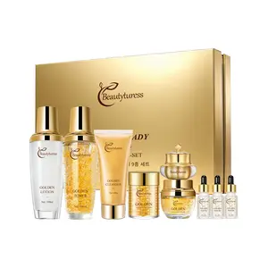 Korean Anti-Aging Golden Renewal Set: 9-Step Korean Luxury Skincare for Firming & Replenishment -Golden Particles Boost Absorption & Deep Hydration， Includes Cleanser, Serum, Creams