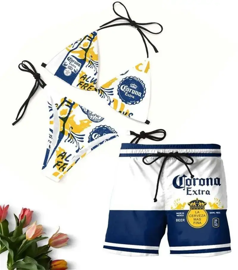 Matching Corona Extra Swimwear Set for Couples – Swim Bra & Tie Side Thong Bikini + Men's Beach Shorts, Summer Vacation
