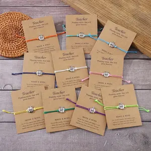 10pcs Teacher Apple Pendant Bracelet Gift Suitable for Teachers Day Graduation - Adjustable Knit Apple Bangle with Blessing Cards, Retro for, School Events & Year-Round Wear (No Coating)