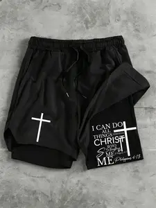 Men's Cross Print Sporty Shorts, Athletic Wear Shorts, I Can Do All Things Through Christ Bible Verse, Dual-Layer Quick-Dry Fitness Pants, Workout Gym Shorts, Athleisure Shorts, Loose-Fitting