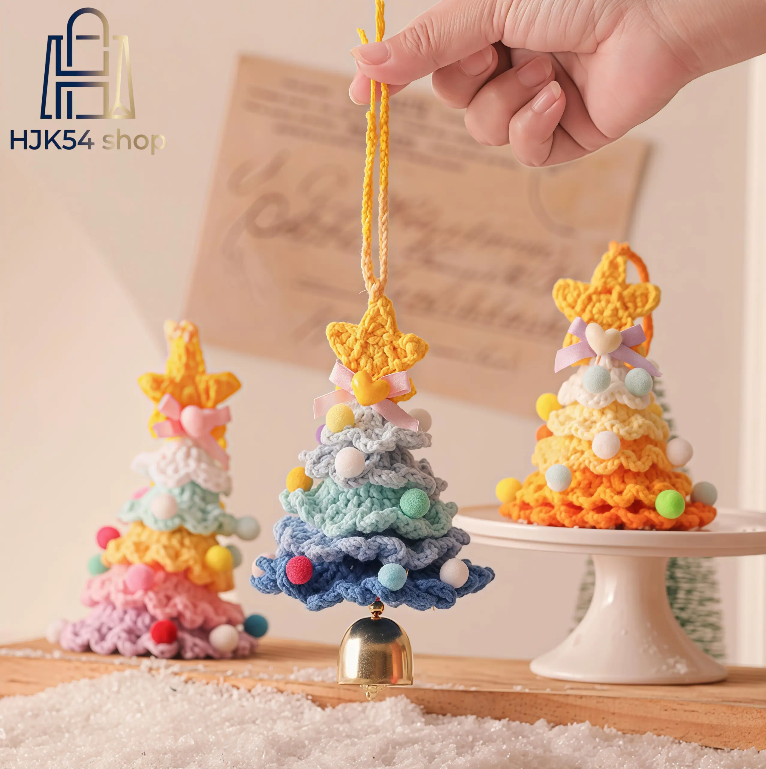 Crochet Christmas Tree Ornament with Bell, Handmade Knitted Xmas Tree Hanging Decoration, Cute Colorful Crochet Tree Pendant for Holiday Decor, Car & Christmas Tree Ornaments
