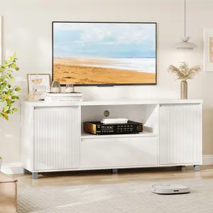 Fluted TV Stand for 60/65/70 Inch TV, White Entertainment Center with Drawer & 2 Cabinets, Modern Media Console Cabinet for Living Room, Bedroom