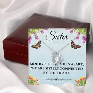 Forever Love Necklace for Sister Birthday Gift Heart Pendant with 6.5mm Cubic Zirconia Adjustable 18-inch Chain & Gift Box Happy Birthday Sister Gifts with Meaningful Message Card