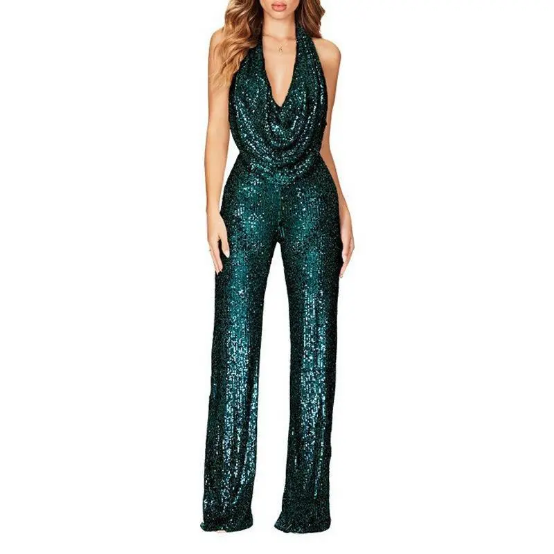 Fashionable Sequin Halter Neck Slim Fit Long Pants Jumpsuit Elegant Ladylike Style No Sleeve Mid Waist Straight Leg Jumpsuit