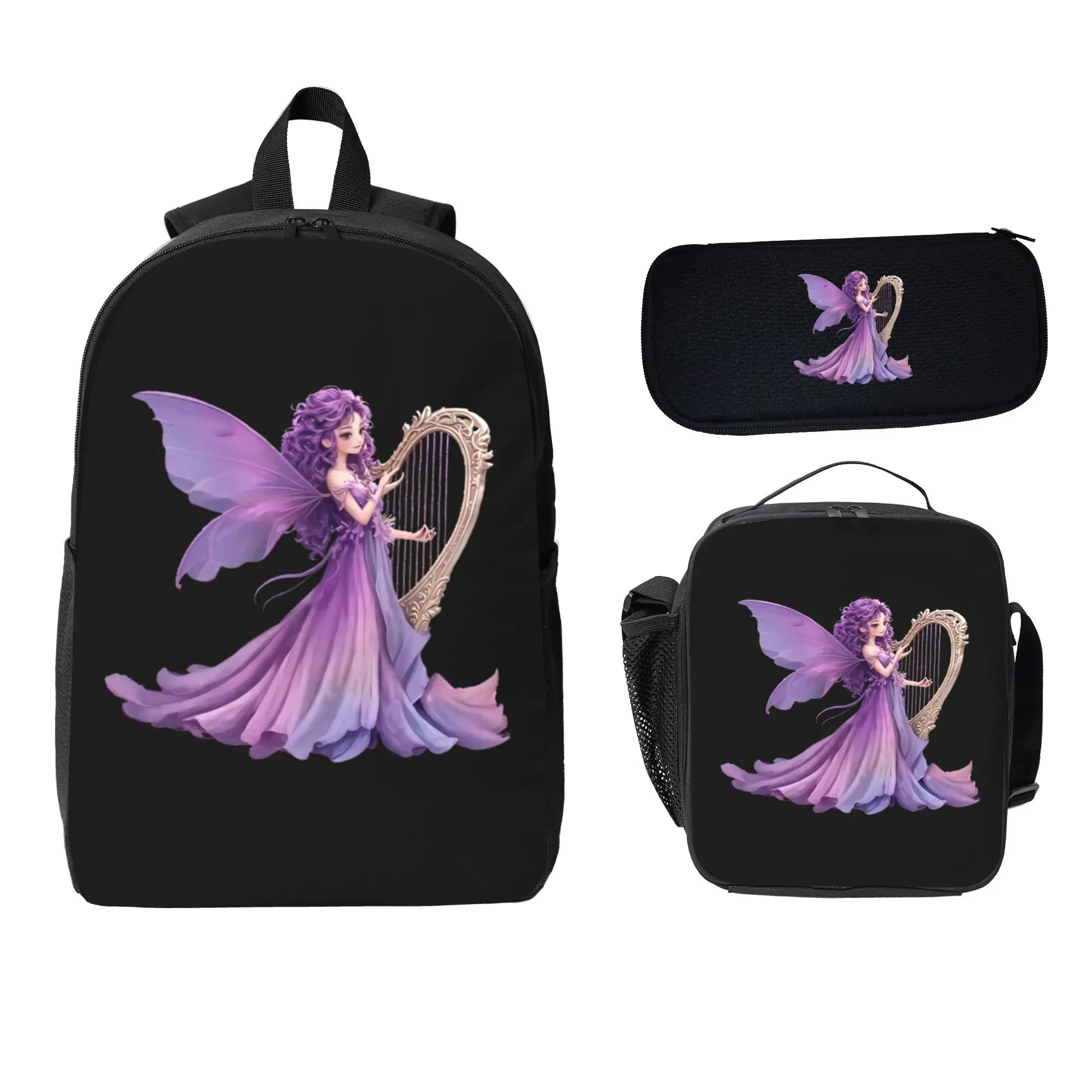 Universal 3 In 1 Dreamy Watercolor Purple Curly Hair Winged Harp Fairy Backpack Set For Elementary Middle School Teen Girls Soft Magical Fairycore Music Princess Lovers, Lightweight Water Resistant Polyester Elegant Whimsical Fantasy School Backpack