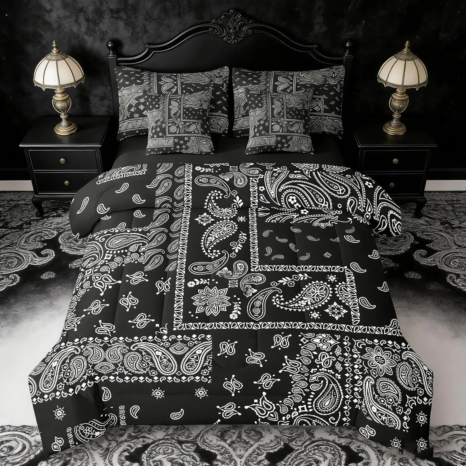 7pcs Paisley Comforter Set,Boho Style Jacquard Paisley Flower Bedding Set,Black and White Floral Print Bed in A Bag with Comforter,Sheets and Pillowcases,Women Room Decor