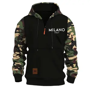 Stitching Hooded Men's Milano Printed Camouflage American Vintage Zipper Sweatshirt, Loose Fit Pullover Design with Top Stitching and Slit Pocket, Available in Red, Army Green, Blue, and Gray