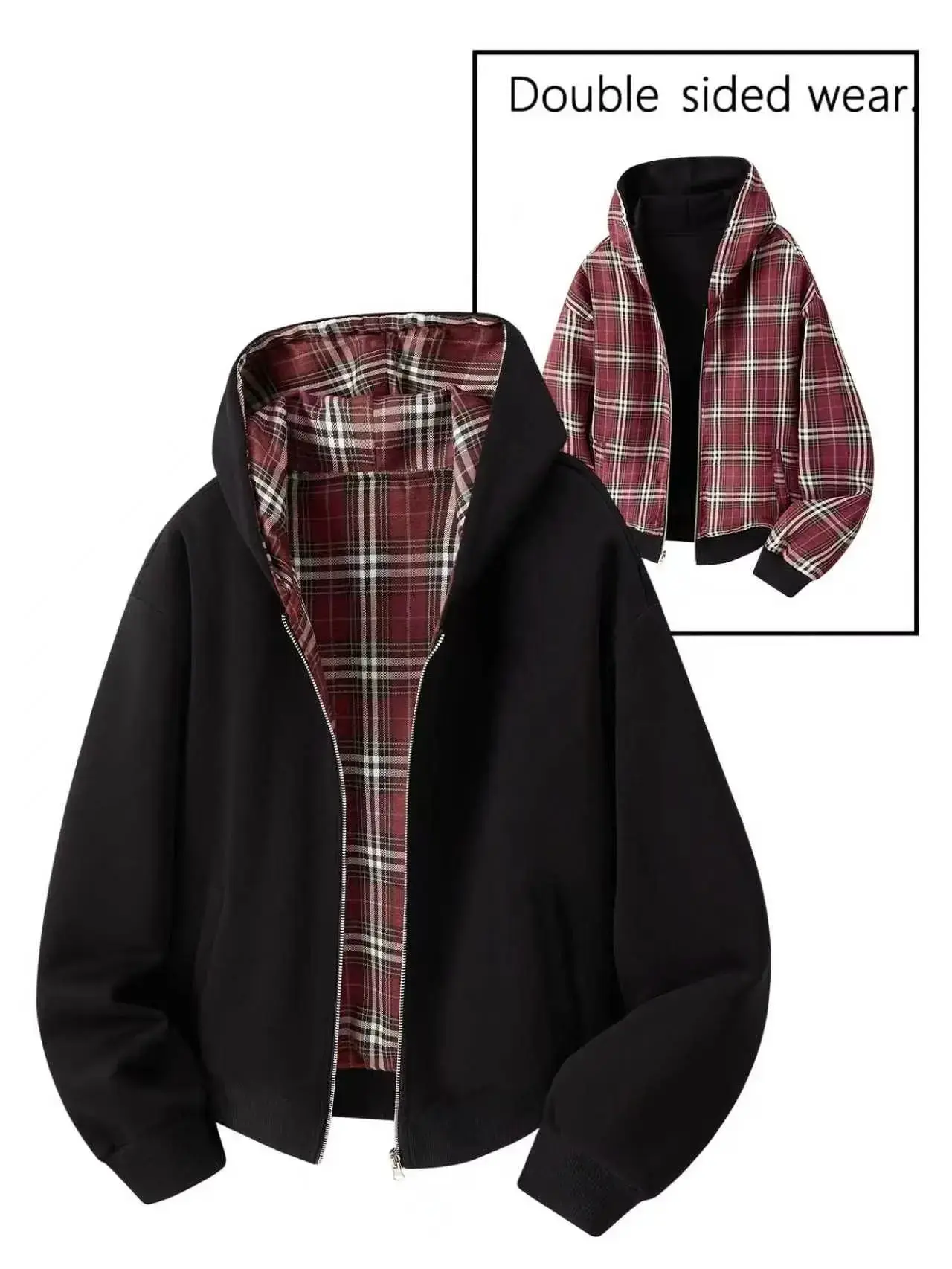Unisex cotton-blend double-sided zip-up hooded sweatshirt jacket - can be worn front or back; solid black + red plaid loose-fit hoodie with kangaroo pocket.Suitable for everyday wear, work commutes, and street style.