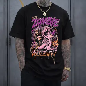 Rob Zombie Halloween Music Tour Tee, Vintage Heavy Cotton Oversize Unisex Industrial Metal Horror Rock Band T-Shirt Option, Retro Y2K Dark Music Graphic Streetwear Top for Rock & Metal Fans