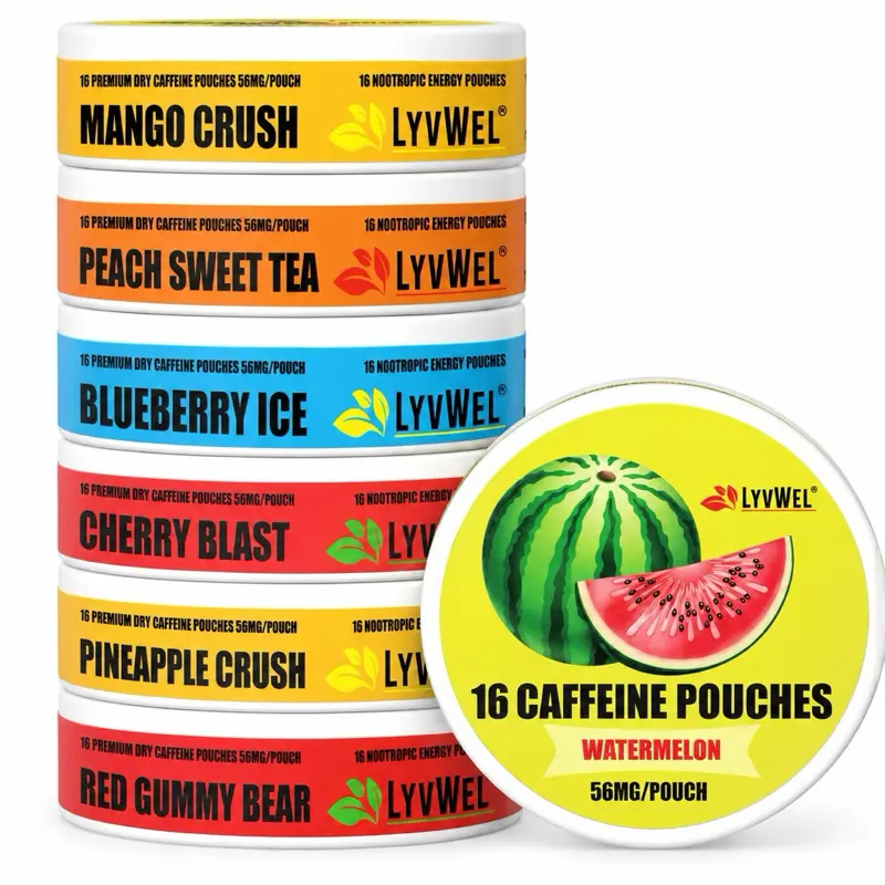LyvWel 56mg Caffeine Pouches 5-pack Variety or solid flavors 896mg per can Lip pillows No Sugar, Energy Boost Upper lip blueberry ice, Pineapple, Cherry, Red gummy bear, Watermelon, Peach tea, Spearmint, Wintergreen, Mango crush, Pink lemonade