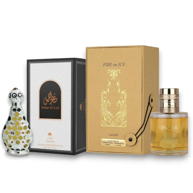 Oudlash Bundle | Lattafa Fire on Ice + Zakat Anbar Al Layl | Unisex Fragrance | 20 ML + 110 ML | Eau De Parfum + Concentrated Oil | Rose - Amber & Cinnamon