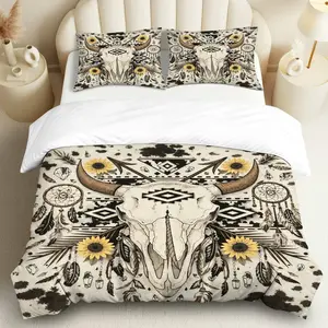 3PCS Duvet Cover Set, 1 Duvet+2 Pillowcases(Without filler), Skull Bohemian Sunflower Feather Tribal theme, Halloween bedding set, Rustic Western Style Suitable for decoration Bedroom, Guest Room, Lodge, Cabin.