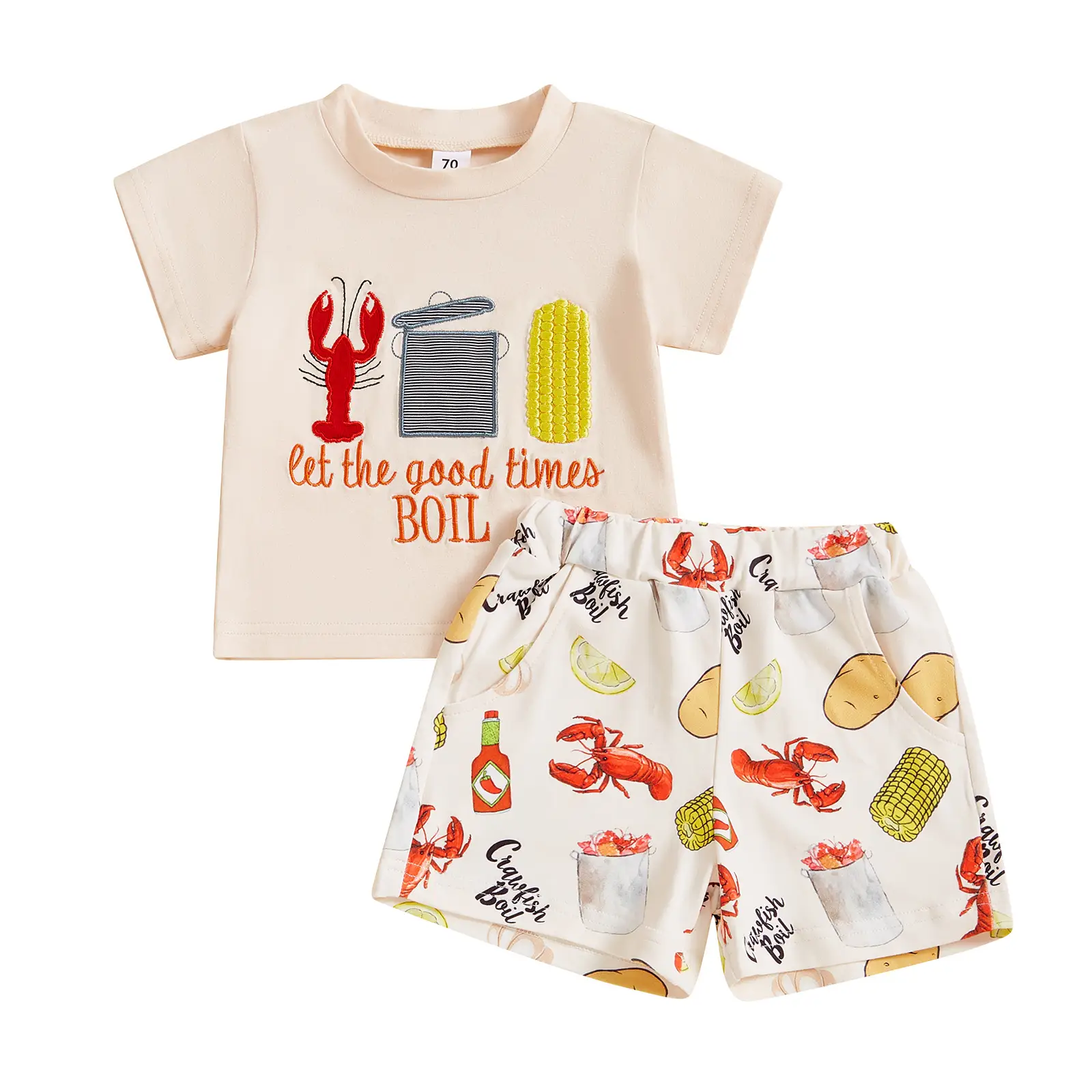 Toddler Baby Boy Lobster Crawfish Print Short Sleeve T Shirt Tops Elastic Waist Shorts Two Piece Summer Casual Outfit
