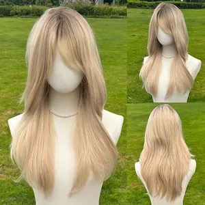 SMILCO/ 24 Inches Ombre Brown Ash Gold Medium Straight with Bangs Synthetic Wig for Women /SM488