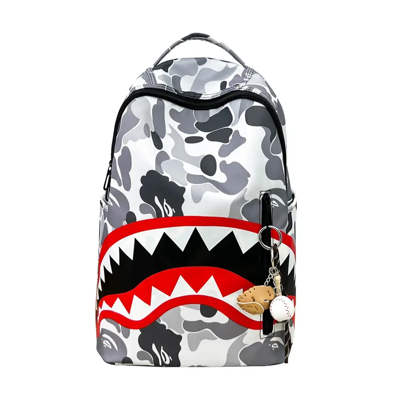 Sprayground Grey White Camo Shark Teeth Print Backpack With Baseball Keychain, Hype Streetwear Large Capacity Oxford Fabric Laptop Backpack, Durable Fashion School Travel Backpack For Teen Boys Back To School Daily Casual Use