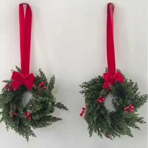 Christmas Wreath Decoration Set, Includes Two Artificial Hanging Wreaths with Ribbons, Rustic Style for Kitchen Cabinets, Chairs, Walls