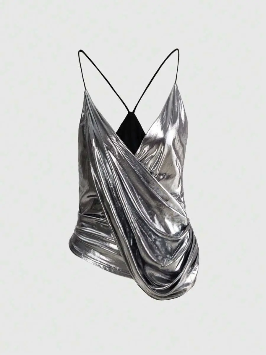 PULSE x Y2K Sexy Metallic Coated Silver Fitted Women's Tank Top For Music Festival Outfit