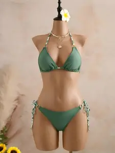 Women's Solid Color Sexy Bikini Set, Summer Beach Two-Piece, Backless Halter Top, Casual Swimwear for Women, Halter Neck Bikini