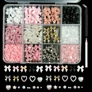 1 Box Pure Color Bow Resin Nail Charms Minimalist Half Round Pearl Alloy Bows Nail Art Decorations DIY Phone Case Nail Crafts