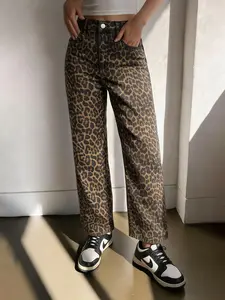 Women's Fashion Leopard Print Wide Leg Pants, Trouser, Casual Slim-Fitting Denim Jeans, All Seasons Wear, Plain Pattern, No Ca Prop 65 Warning