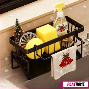 Kitchen Sink Sponge Holder, High Brush Stand, Stainless Steel Dishwashing Sponge with Dividers, Soap Dispenser Storage Rack, Dish Drying Organiser