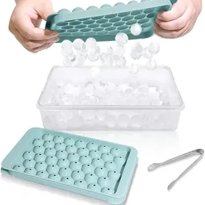 Classic Kitchen Ice Cube Tray with Lid and Bin Round Ice Trays for Freezer with Lid Ice Container 0.8 2PACK Blue Set Silicone Utensils Beverage Shaped