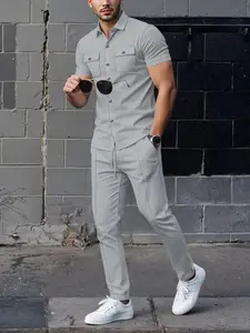 Men's Two-Piece Set, Christmas Gift, Friday, Spring Summer Fall Clothing, Waffle Texture Muscle Show, Drawstring Waist Pants, Top